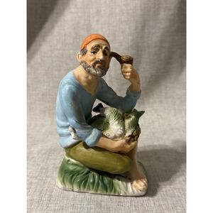 Vintage Japan, Anart Fisherman Figurine Ceramic Man Holding Fish Smoking Pipe 6"